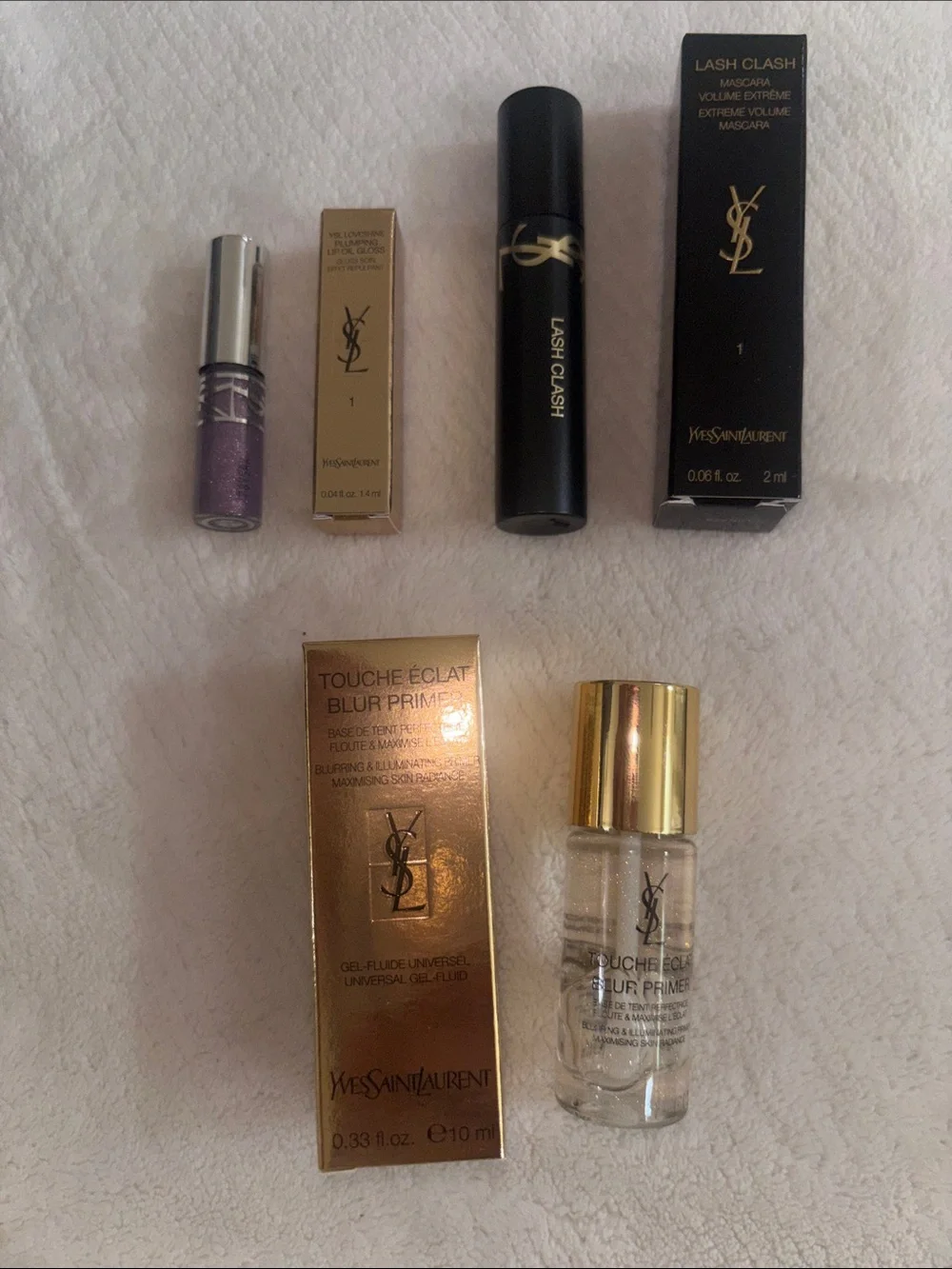 Yves Saint Laurent Black Mascara with Blur Primer and Purple lip oil gloss